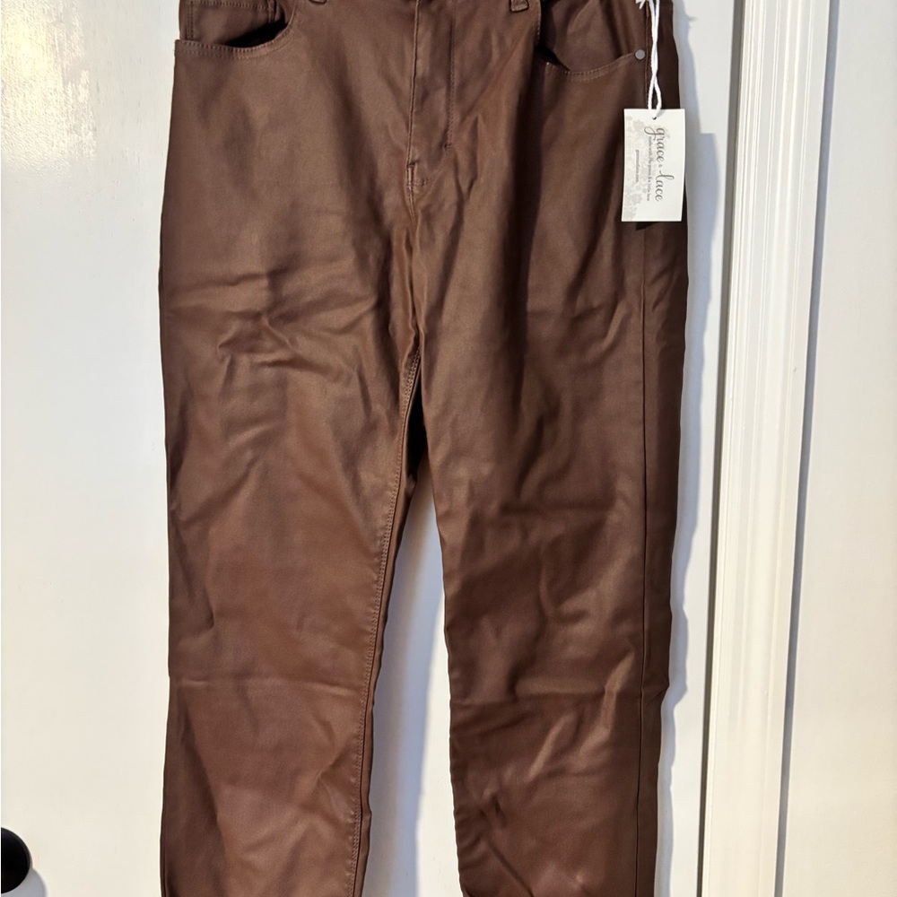 Grace & Lace Chocolate Faux Leather Trousers